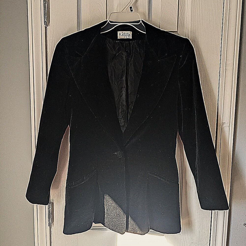 Vintage Kelita New York Blazer, Black, Velvet, One Button, Pockets, Size S/M